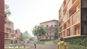 View of the Koota Wooden Housing Block, a new wooden neigborhood proposed for Porvoo, and old wooden town Finland