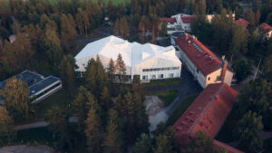 An aerial image of the New Campus House for the STEP Professional Training Center in Järvenpää