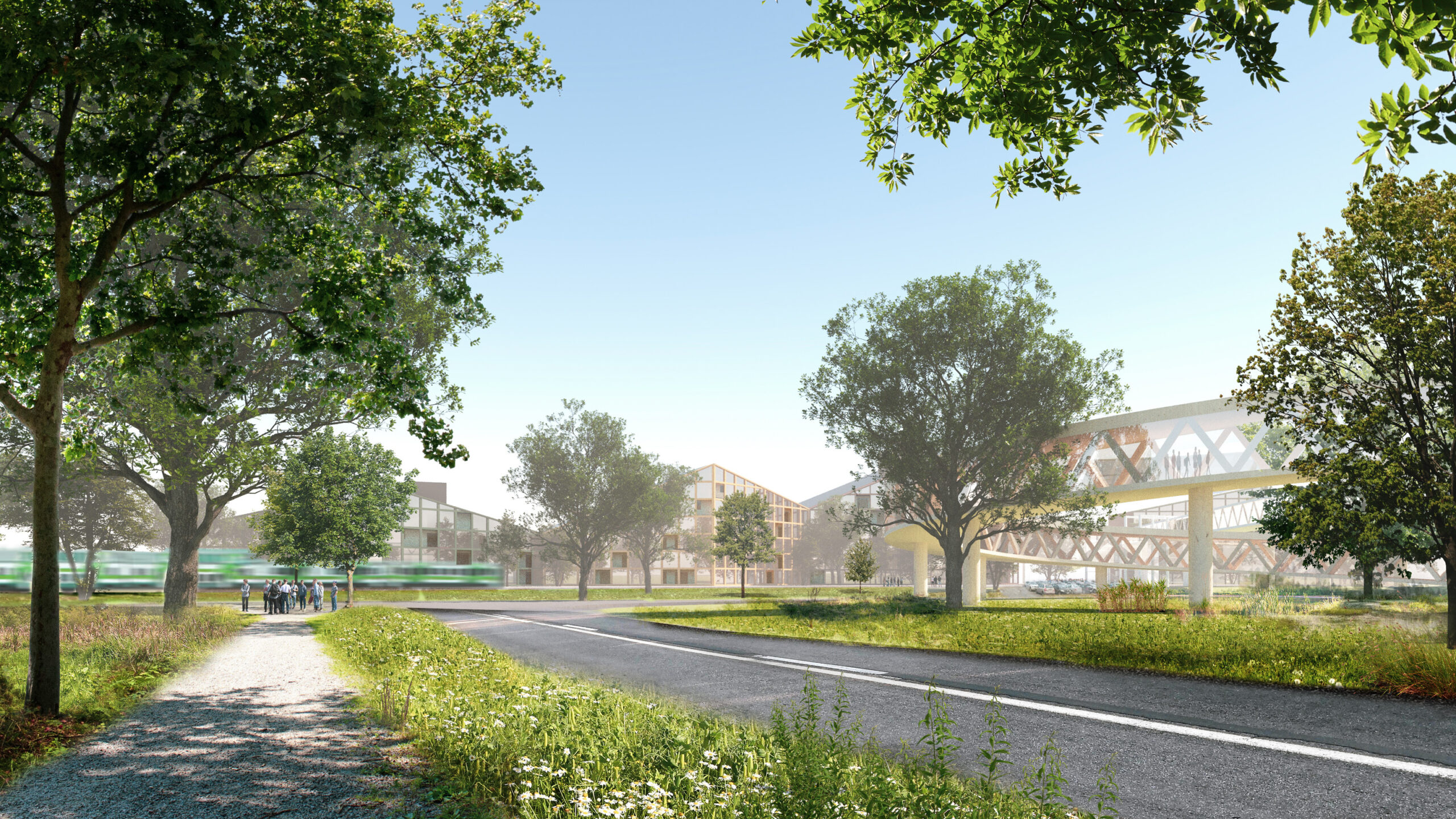 Perspective view of the new overpass that connects the different parts of Ylöjärvi into a continuous network of access to greenery 