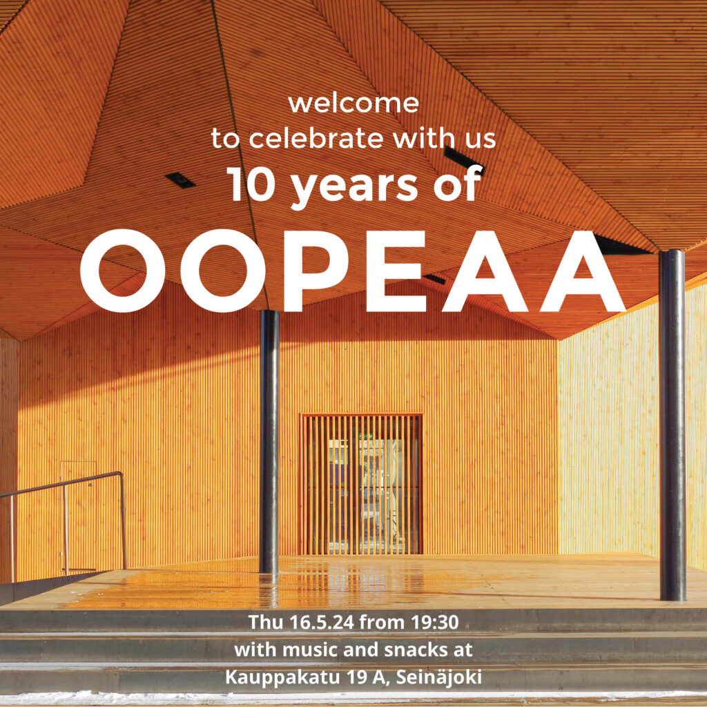Invitation with image of the Kontra Pavilion stage and the text: "welcome to celebrate with us 10 years of OOPEAA"