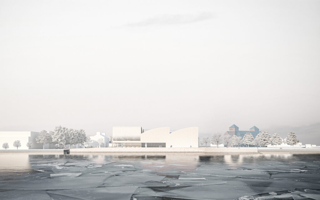 Perspective view of the museum, Kumulus, on the square by the sea