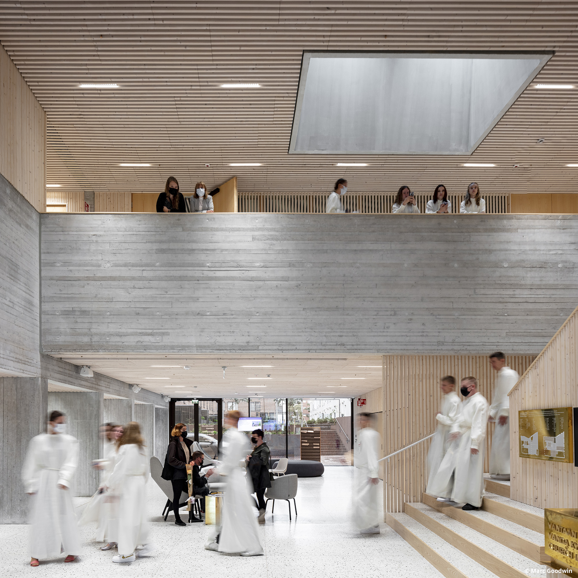 Tikkurila Church interior lobby and second floor balcony