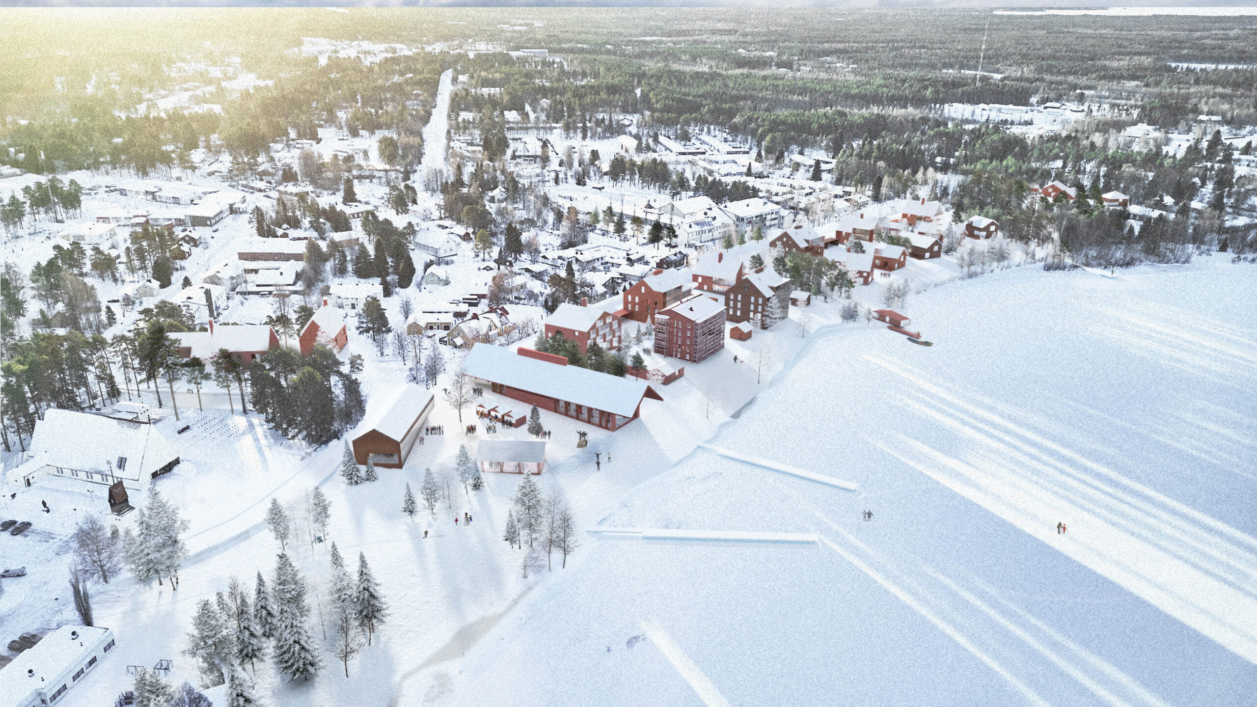 Perspective view of the proposed town plan for the Ii municipal center, seen from the river