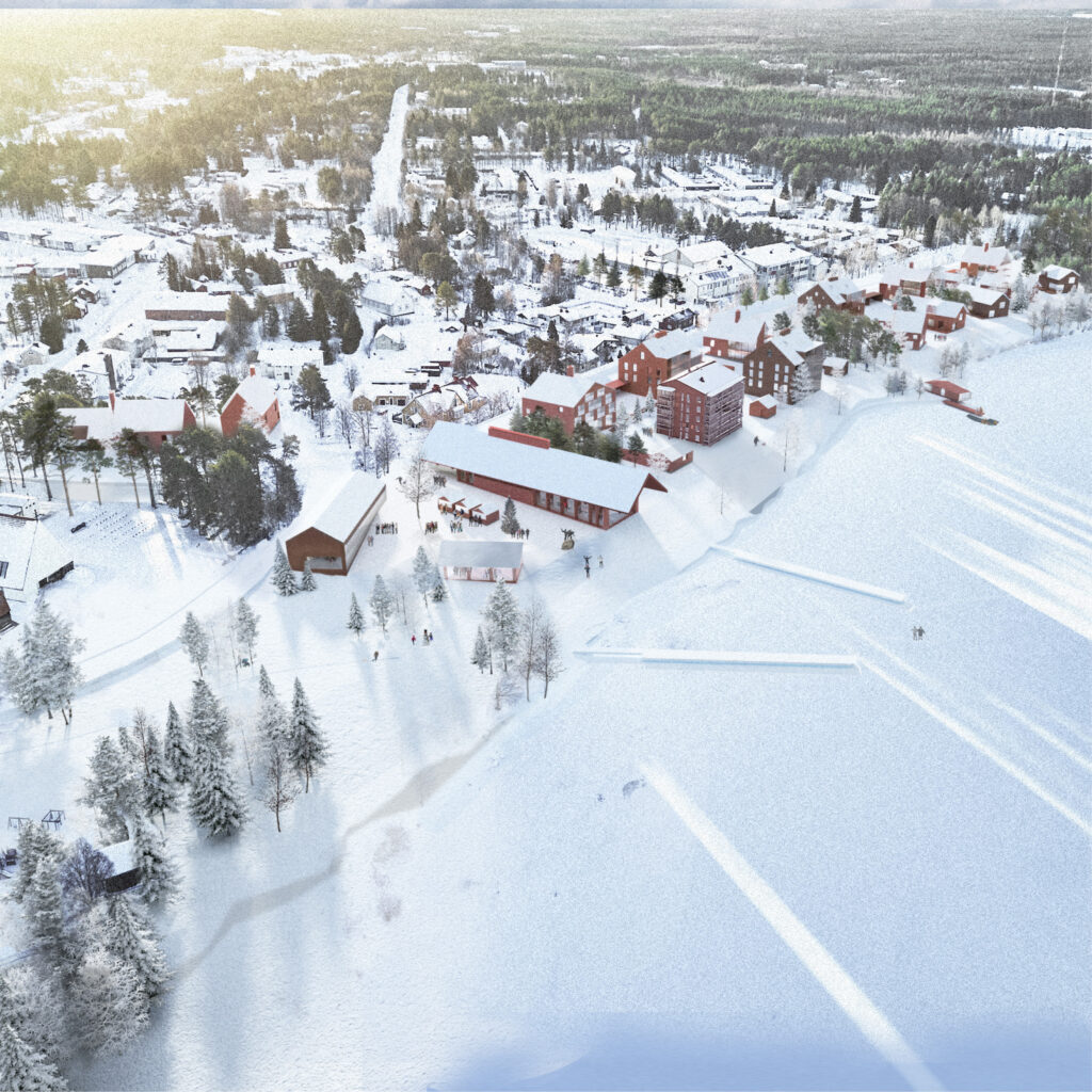 Perspective view of the proposed plan for the center of Ii, winter scene