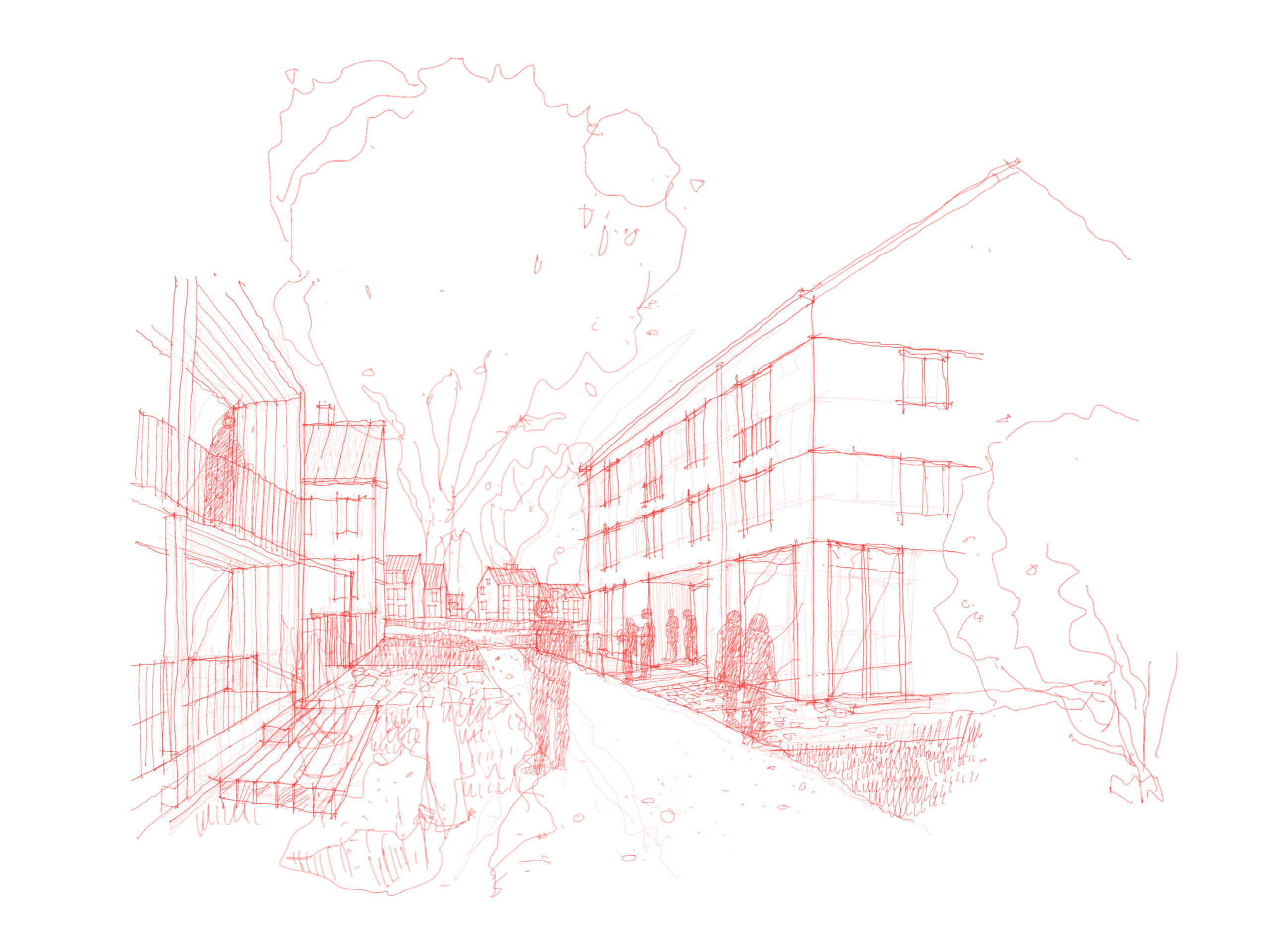 Sketch for the competition proposal Punah'Ii'lkka for the municipal center of Ii, view of a town block