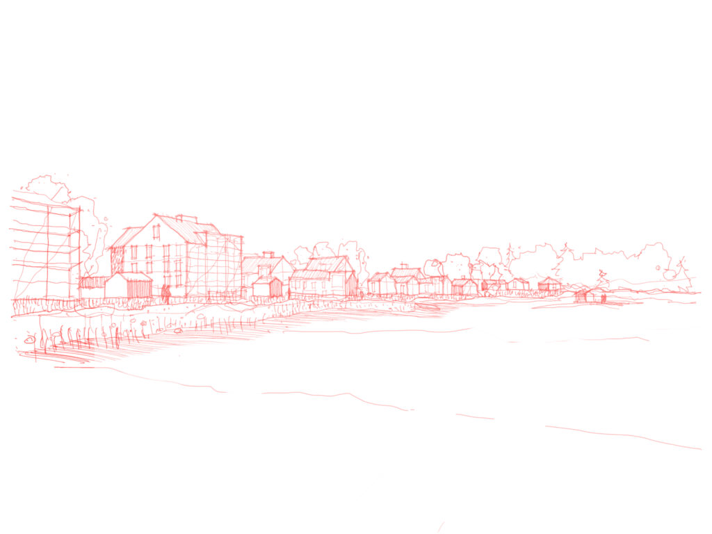 Sketch for the competition proposal Punah'Ii'lkka for the municipal center of Ii, view from the river