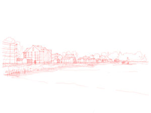 Sketch for the competition proposal Punah'Ii'lkka for the municipal center of Ii, view from the river