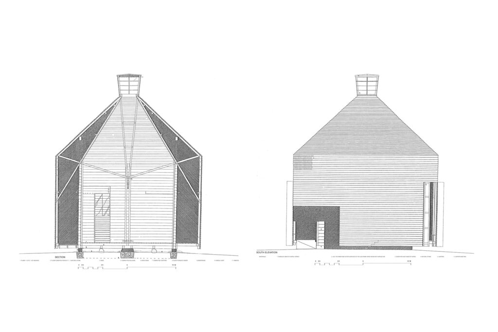 Section and elevation for the Kärsämäki Shingle Church drawn by hand