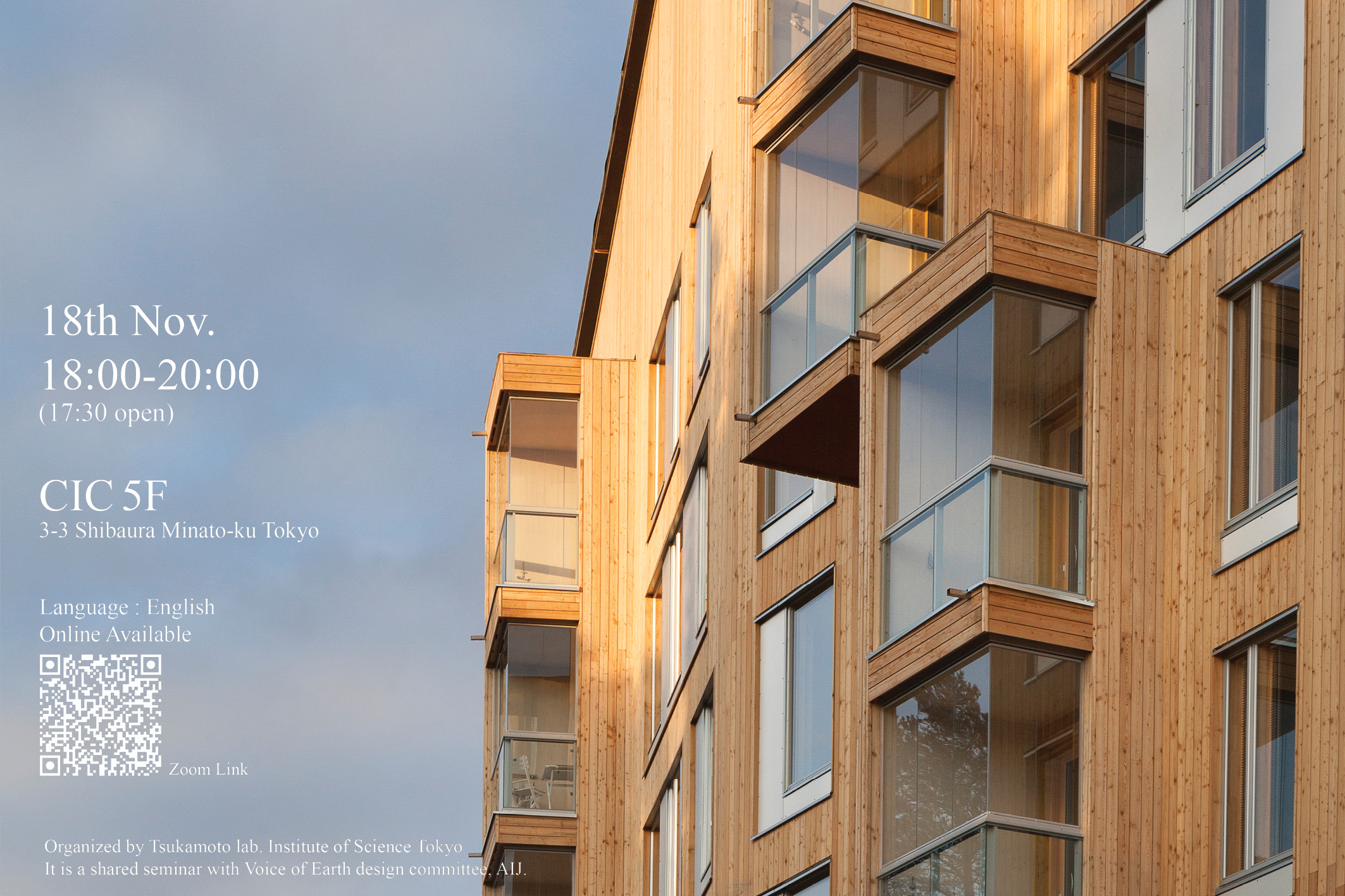 Poster on lecture on Challenges of Wooden Construction with location, time, and QR code for a zoom link, close up image of. Puukuokka Housing in the background