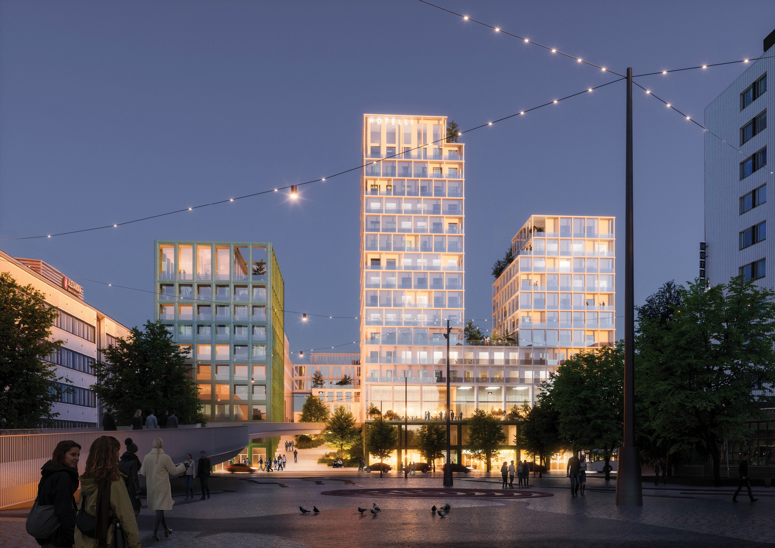 View of the Jyväskylä Siltakorttelit at night