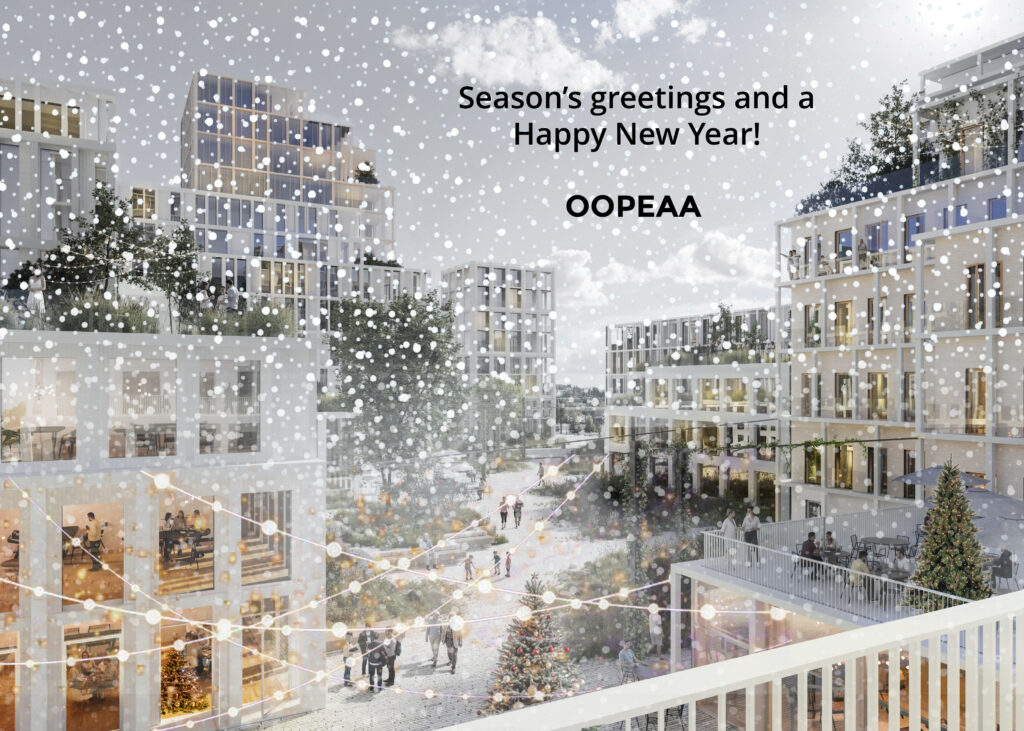 A wintery image of the Jyväskylä Siltakorttelit with an overlaid text: "Season's greetins and a Happy New Year! OOPEAA"