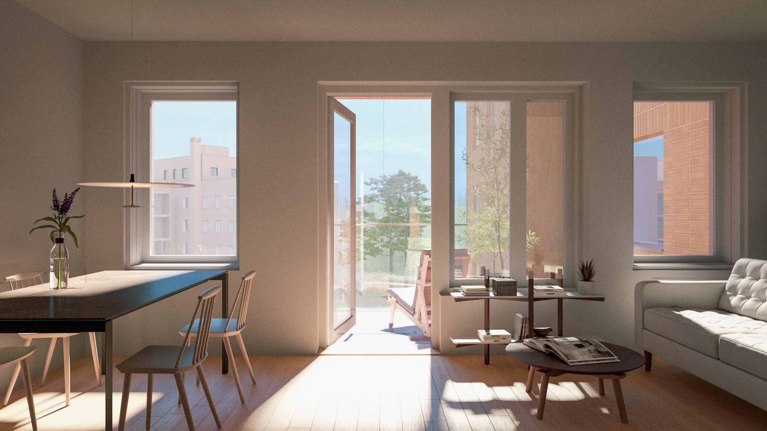 View of a living room space with a couch and a low table on the right, a dining table on the left and the balcony door open in the middle