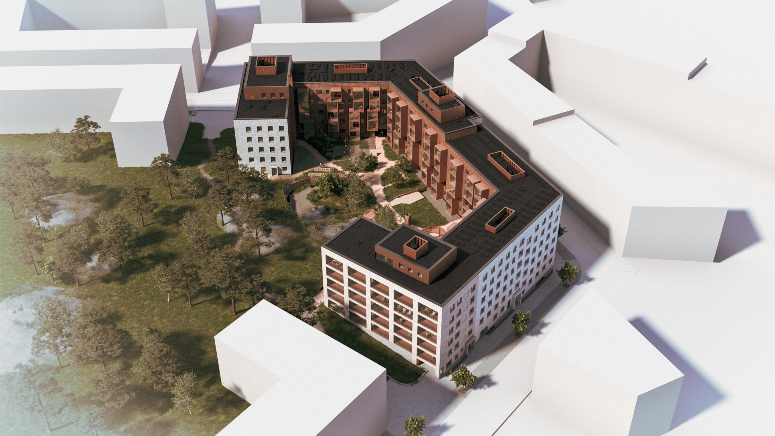 Aerial view of an apartment block with a courtyard opening to a park with trees and a pond in the middle