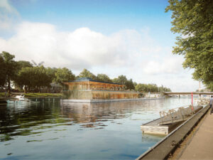 View of floating wooden structure on the river shore