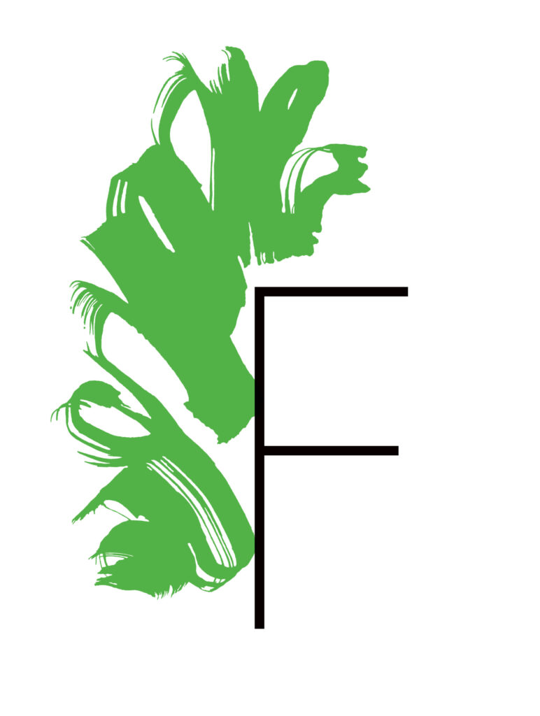 Logo with the letter F in black with paint strokes in green color 