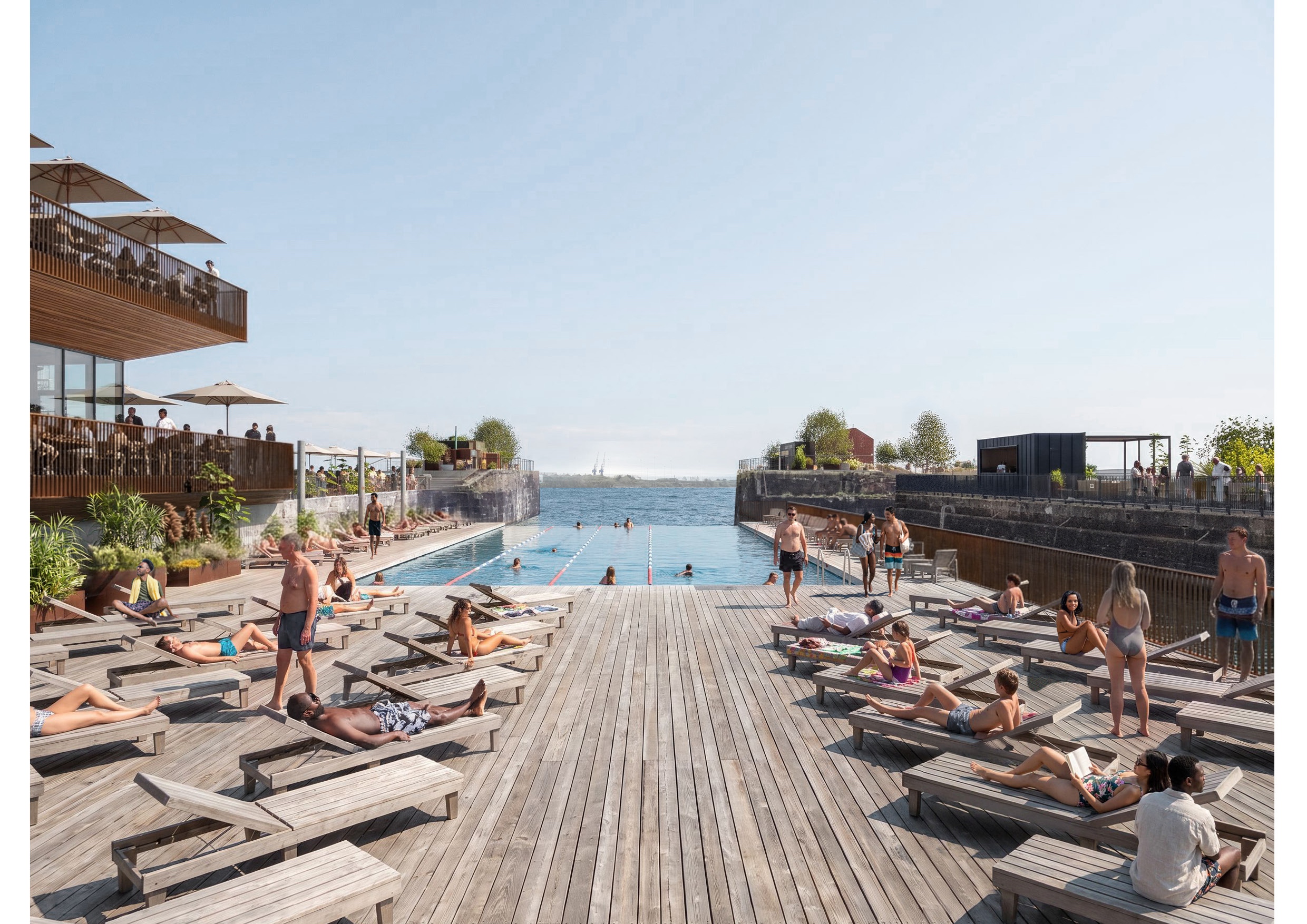 Wooden deck with sun recliner chairs and a pool, people in swimwear