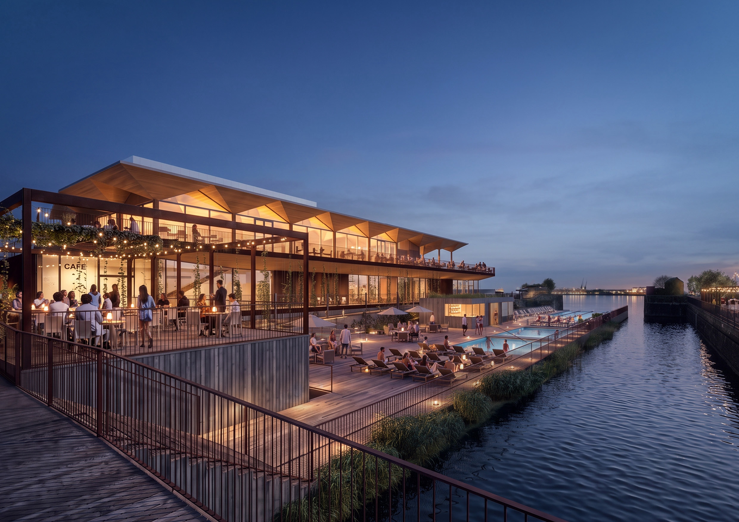Wooden pavilion structure with an open air pool, nighttime