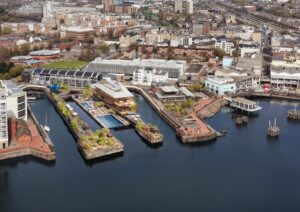 Aerial image of a bay with dry docks