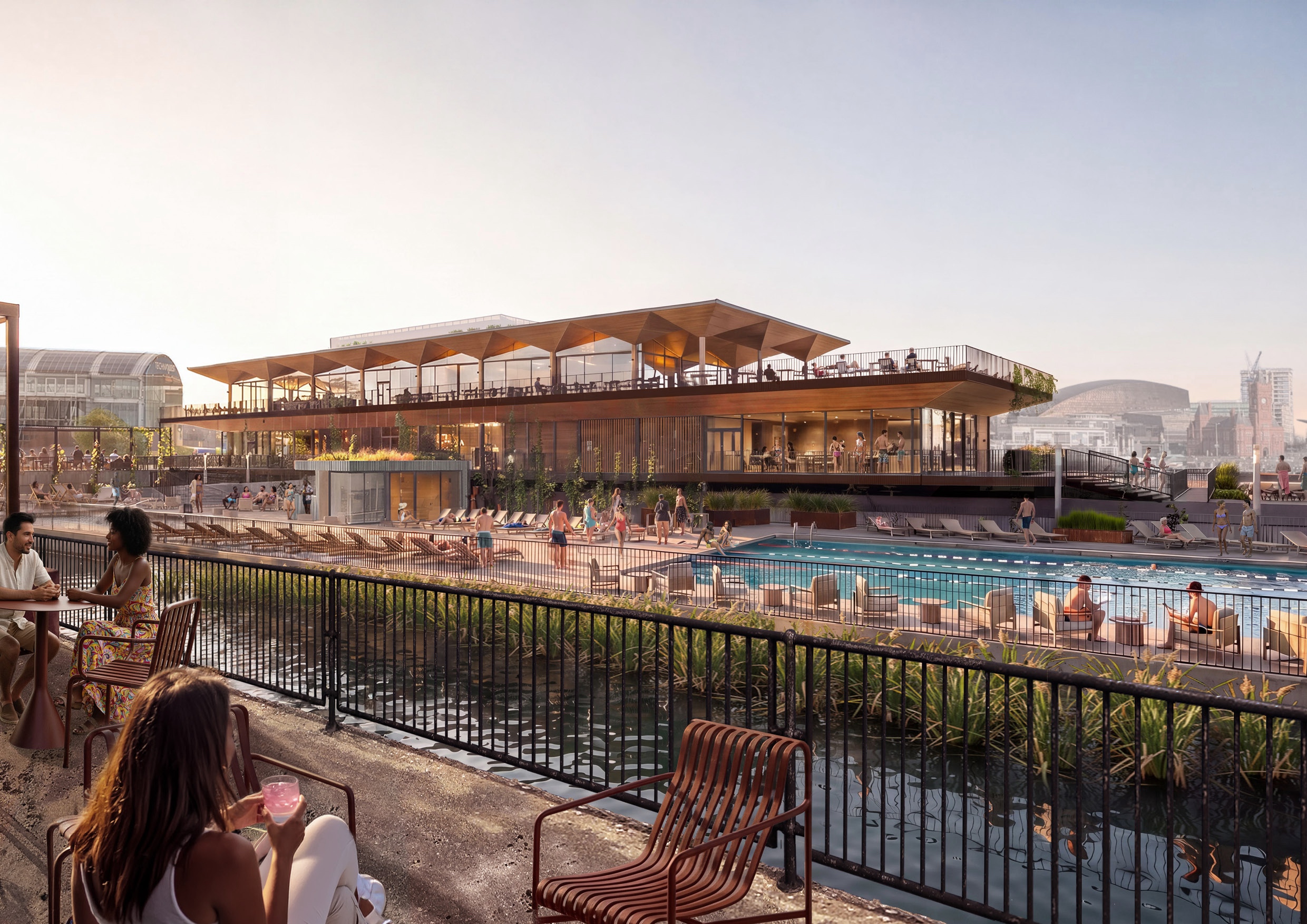 Image of a wooden structure for an outdoor pool deck with people