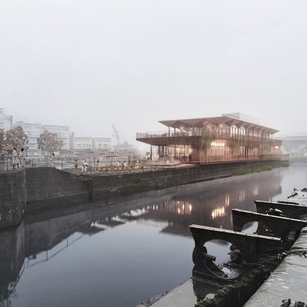 A wooden pavilion on the water by a dock, misty